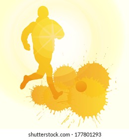 Soccer players silhouette vector background concept with ink splashes and sun