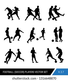 Soccer players silhouettes vector set. Different poses of players, football players in motion: the struggle for the ball, the dispute of a football player with the judge, a trick, overtaking.