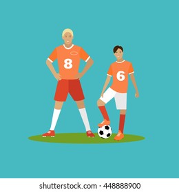 Soccer players. Sport concept vector illustration in flat style design. Football uniform, cleats, ball. Design elements and icons.