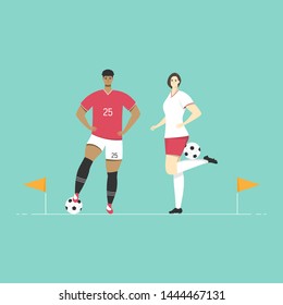 Soccer players are standing with the soccer corner flags. Character flat sport design.