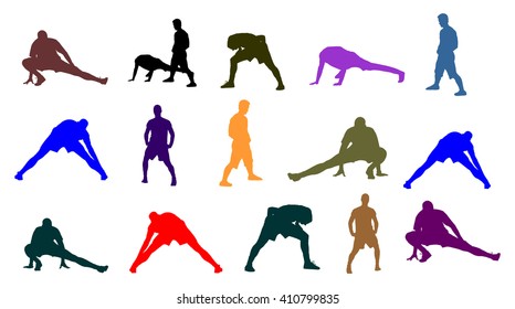 Soccer players stretching silhouette vector isolated on white background. High detailed football player silhouette cutout outlines. Strain, racking, warming up.