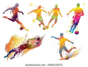 Soccer Players Vector Colorful Silhouette Illustration Set Isolated On A White Background.