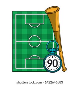 Soccer playfield with horn and timer symbols vector illustration graphic design