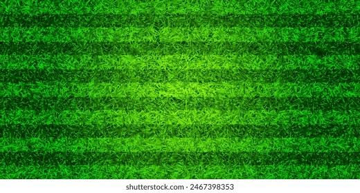 Soccer playing field with green grass. Football pitch background with stripes. Sports ground, stadium with fake or natural grass. Vector illustration