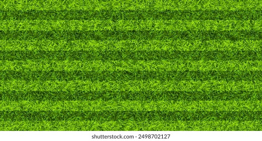 Soccer playing field with green grass. Football pitch background with stripes. Sports ground, stadium with fake or natural grass. Vector illustration