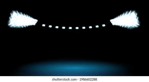 Soccer Playing Field At Night With Illuminate Bright Stadium Lights, Football Stadium Overhead Light Background