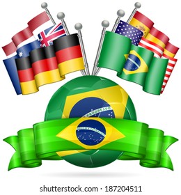 Soccer Poster with Soccer Ball, Flags, and Ribbon in Color Flag Brazil, vector isolated on white background