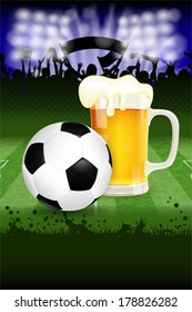 Soccer Poster with Ball, Glass of Beer and Fans, vector
