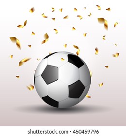 Soccer Poster with Soccer Ball and golden streamer confetti , isolated on white background. Vector illustration. EPS 10