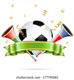 Soccer Poster with Soccer Ball, vuvuzela, ribbon and golden streamer, vector isolated on white background