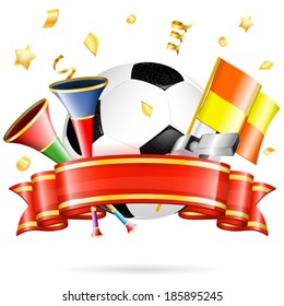 Soccer Poster with Soccer Ball, vuvuzela, ribbon and golden streamer, vector isolated on white background