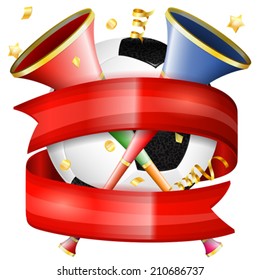 Soccer Poster with Soccer Ball, vuvuzela, ribbon and golden streamer, vector isolated on white background