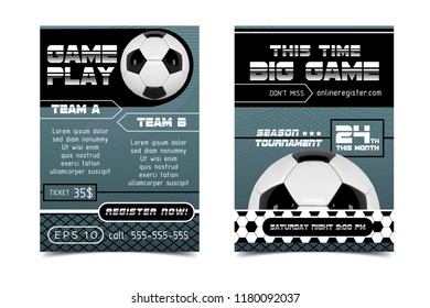 Soccer Poster design Vector. Football Ball flyer concept. Design For Sport Bar ticket sale sport promotion. Tournament, Championship Flyer Design. Soccer Sport Club, Academy Flyer or Invitation