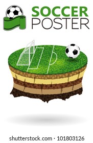 Soccer Poster with Field on the planet flying, vector illustration