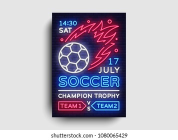 Soccer poster neon vector. Football postcard flyer design template, light banner, bright brochure soccer championship, invitation to European football, typography. Vector illustration