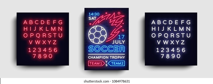 Soccer poster neon vector. Football postcard flyer design template, light banner, bright brochure soccer championship, invitation to European football, typography. Vector. Editing text neon sign