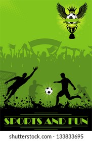 Soccer Poster with Players and Fans on grunge background, element for design, vector illustration