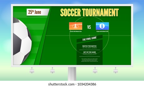 Soccer poster with text design on white billboard. Banner of tournament of football with the layout of the playing field and soccer ball. Template for advertising sports event. Vector 3D illustration