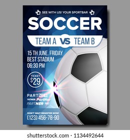 Soccer Poster Vector. Sports Bar Game Event Announcement. Football Banner Advertising. Professional League. Sport Invitation Template. Stadium, Pitch. Event Illustration