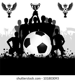 Soccer Poster with Winning Football Team with the Cup in his hands and Fans, vector illustration