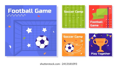 Soccer posters set. Football field with ball and net. Competition and tournament. Active lifestyle, sports event and match. Cartoon flat vector collection isolated on white background