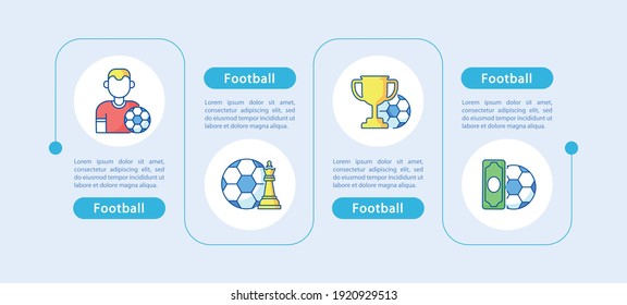 Soccer presentation design elements. Football betting vector infographic template. Data visualization with four steps. Process timeline chart. Workflow layout with linear icons