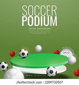 soccer product display concept, green podium floating with ball on green background, vector illustration