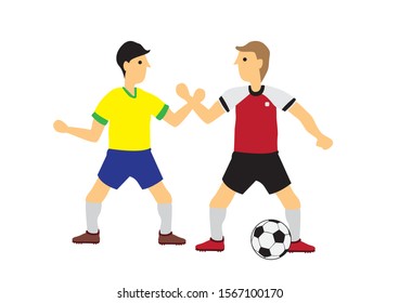 Soccer professional player playing with his competitor. Flat isolated cartoon vector illustration.