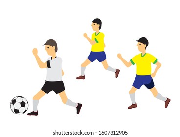 Soccer professional player playing with his competitor. Flat isolated cartoon vector illustration.