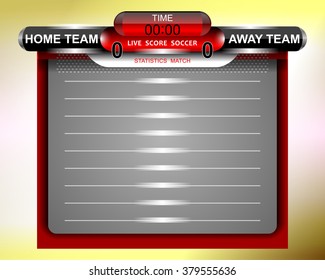 Soccer Red Scoreboard Statistics Match Template, vector illustration