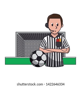 Soccer referee with ball and goal sport cartoons vector illustration graphic design