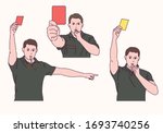 The soccer referee is blowing a whistle with a yellow card and a red card. hand drawn style vector design illustrations. 