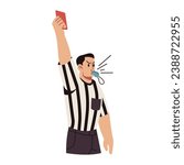Soccer Referee Blows Whistle and Shows Red Card Vector Cartoon Illustration