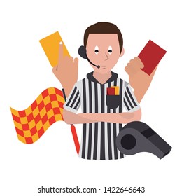 Soccer referee with cards flag and whistle cartoon vector illustration graphic design