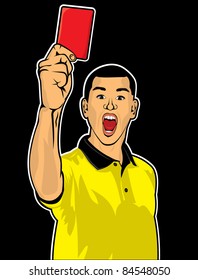 Soccer referee giving red card (football judge hand with red card)