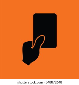 Soccer referee hand with card  icon. Orange background with black. Vector illustration.