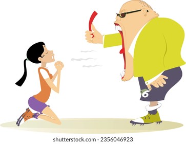 Soccer. Referee holding a red card. Football player woman. 
Angry referee shows a red card tо the football player woman staying on the knees. Isolated on white background
