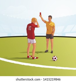 Soccer referee showing red card flat vector illustration. Football judge, arbitrator cartoon character. Stadium field with ball. Football stadium background. Upset footballer on game field