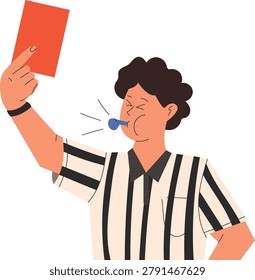 Soccer referee showing red card and blows whistle