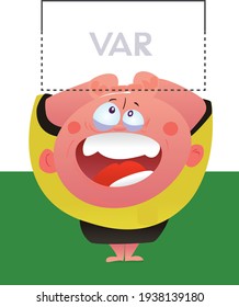 Soccer Referee Shows Video Assistant ,VAR, Referees Action  In A Soccer Game. Vector Illustration. Cute Fun Cartoon Vector Style.