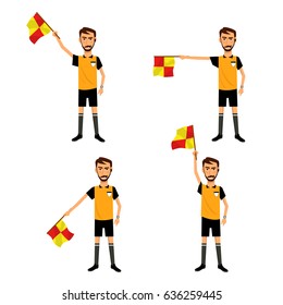 Soccer referee with signal flag in hand. Checkered flag signs.