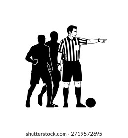 Um árbitro de futebol com um uniforme listrado apontando, com dois jogadores na silhueta e uma bola de futebol no chão.
