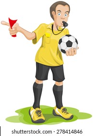 Soccer referee whistles and shows red card. Isolated illustration in vector format