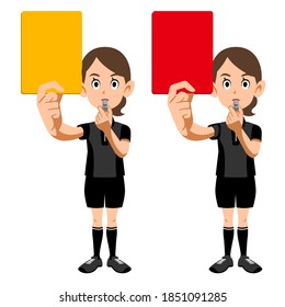 Soccer referee woman showing red and yellow cards