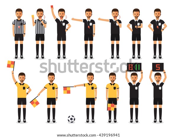 Soccer referees, football\
referees in actions on white background. Flat design people\
characters.