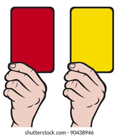 Soccer Referees Hand With Red And Yellow Card 