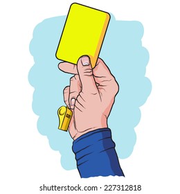 Soccer referees hand with yellow card, hand drawn, vector illustration