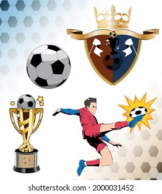 A soccer related clipart set containing a symbol of soccer competition | football competition, crown, gold world cup, ball, male soccer football player kicking a soccer ball, performing a jump kick.