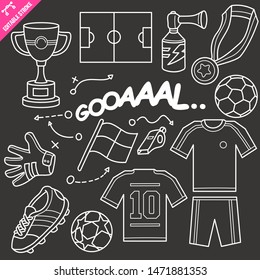 Soccer related hand drawn vector doodle illustration over chalkboard isolated on black background. Vector doodle illustration with editable stroke/outline