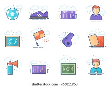 Soccer related icon series in flat color style. Vector illustration.